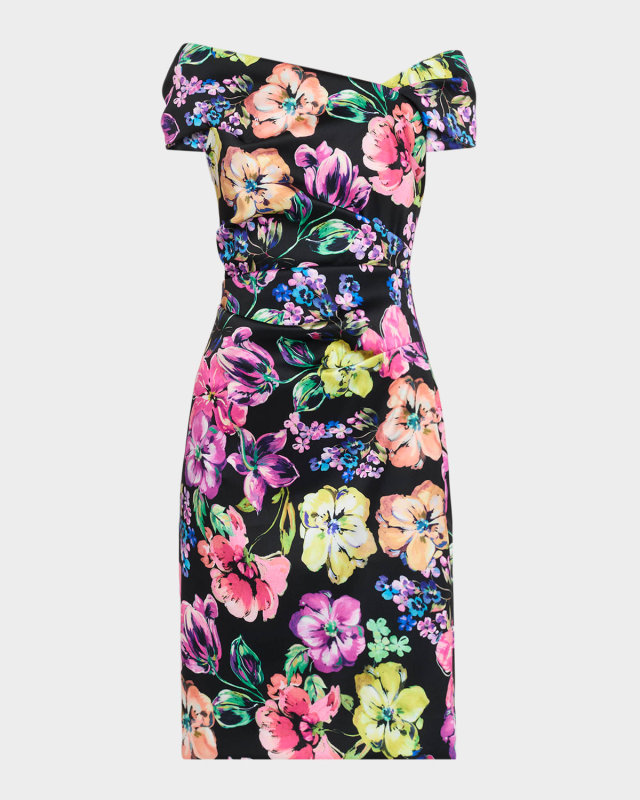 Pleated Floral-Print Stretch Gazar Dress
